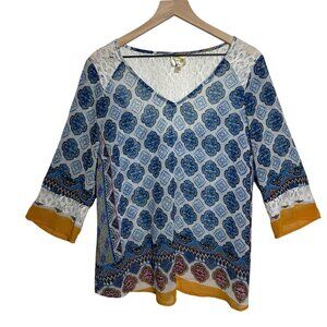 Fig And Flower Boho Top Sz 1x Lace Paisley Mandala Blue Spring Peasant Cottage